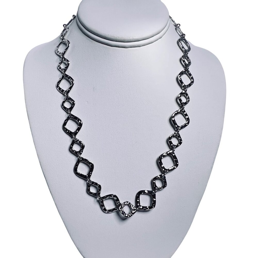 Bijoux Terner Silver Tone Hammered Square Link Necklace And Earrings (5810)